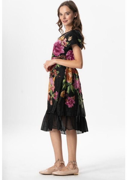 Kısa Kol Vual Defne Midi Boy Yazlık Otantik Elbise Bordo Siyah Pötikare 6190 fırsatları