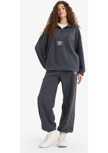 Standart Fit Beli Bağcıklı Lastikli Paça Cepli Baskılı Uzun Boy Polar Eşofman Altı