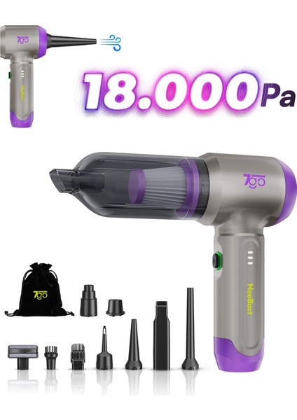 7gab-02 Kablosuz Araç Içi Süpürge | 18.000PA Güçlü Emiş | Fırçasız Motor | 6000MAH Batarya | Toz Üfleme & Vakum 2’si 1 Arada