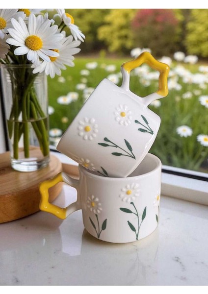 2 Li El Işi Papatya Bahçesi Işlemeli Doğal Seramik Mug Kupa Çay / Cappuccino Fincanı