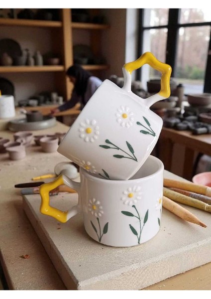 2 Li El Işi Papatya Bahçesi Işlemeli Doğal Seramik Mug Kupa Çay / Cappuccino Fincanı modelleri