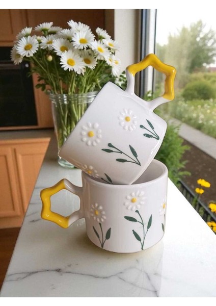 2 Li El Işi Papatya Bahçesi Işlemeli Doğal Seramik Mug Kupa Çay / Cappuccino Fincanı fırsatları