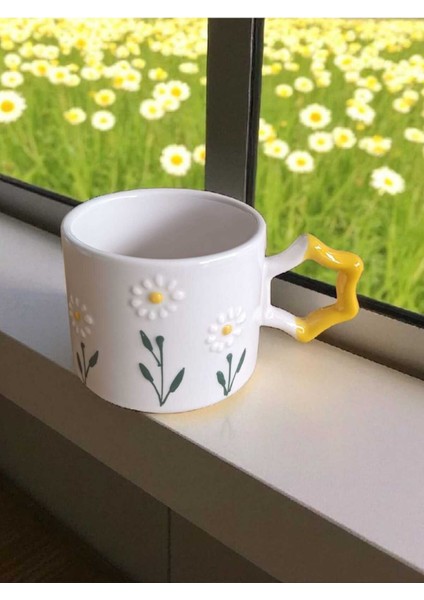 2 Li El Işi Papatya Bahçesi Işlemeli Doğal Seramik Mug Kupa Çay / Cappuccino Fincanı indirimleri