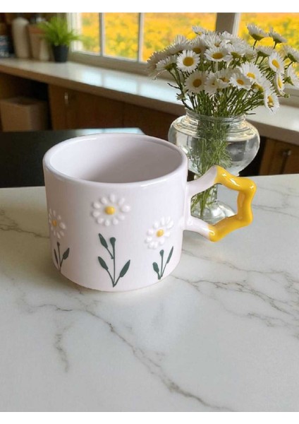 2 Li El Işi Papatya Bahçesi Işlemeli Doğal Seramik Mug Kupa Çay / Cappuccino Fincanı