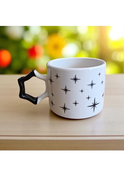 Siyah Zarif Yıldızlar Desenli Yıldız Kulplu El Yapımı Doğal Seramik Mug Kupa Çay Cappuccino Fincanı modelleri