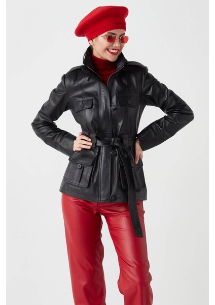 Nena Hakiki Deri Kadın Trençkot Siyah