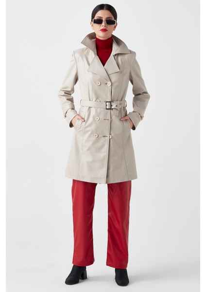 Juliet Hakiki Deri Kadın Trenckot Bej