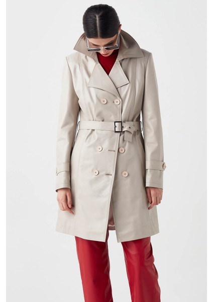 Juliet Hakiki Deri Kadın Trenckot Bej fiyatları