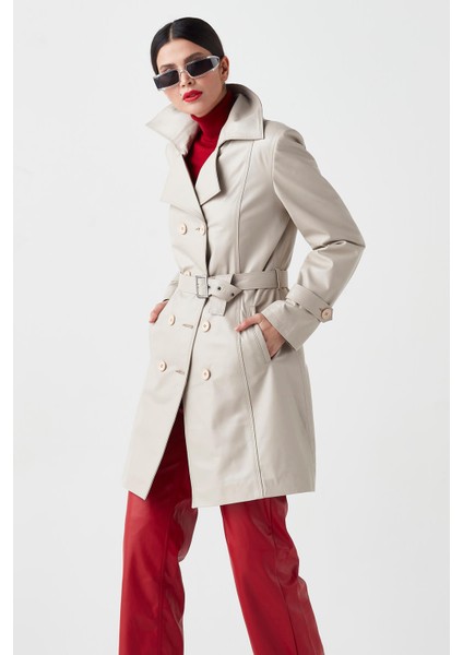 Juliet Hakiki Deri Kadın Trenckot Bej modelleri