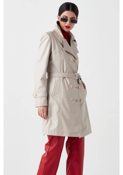Juliet Hakiki Deri Kadın Trenckot Bej indirimleri