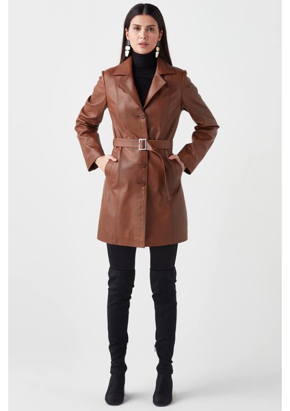 Sensilo Kemerli Hakiki Deri Kadın Trenckot Taba