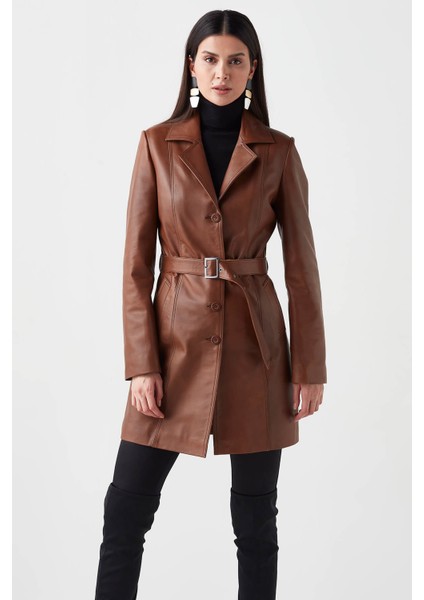 Sensilo Kemerli Hakiki Deri Kadın Trenckot Taba modelleri