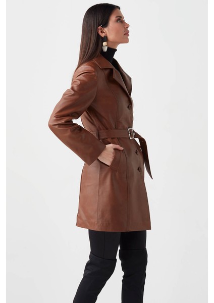 Sensilo Kemerli Hakiki Deri Kadın Trenckot Taba fırsatları