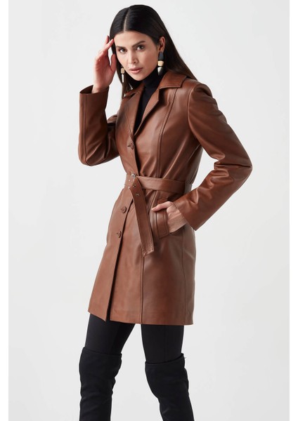 Sensilo Kemerli Hakiki Deri Kadın Trenckot Taba