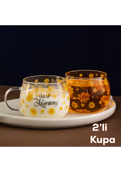 2089 2li Borosilikat Isıya Ateşe Dayanıklı Cam Kulplu Çay Bardağı Kahve Bardak Kupa Sarı 400 ml