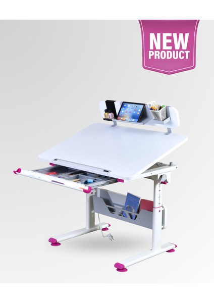 Mini Standart Çekmeceli Çalışma Masası, Yükseklik Ayarlı Çalışma Masası, Kız-Erkek Çocuk Beyaz Ders Çalışma Masası