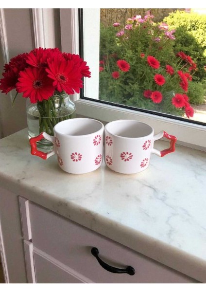 2 Li El Işi Kırmızı Çiçekler Işlemeli Doğal Seramik Mug Kupa Çay / Cappuccino Fincanı