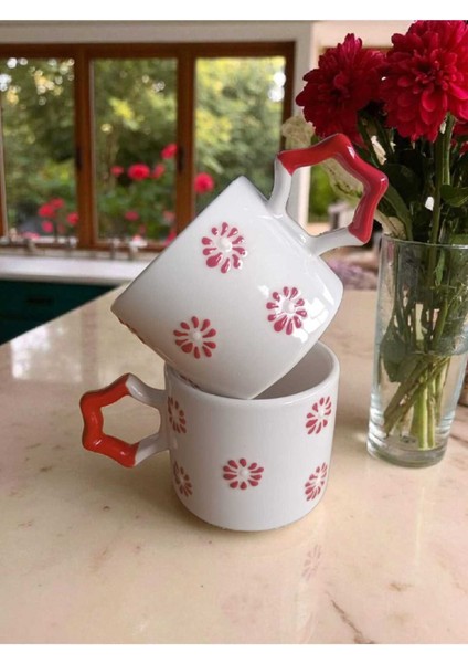 2 Li El Işi Kırmızı Çiçekler Işlemeli Doğal Seramik Mug Kupa Çay / Cappuccino Fincanı fırsatları