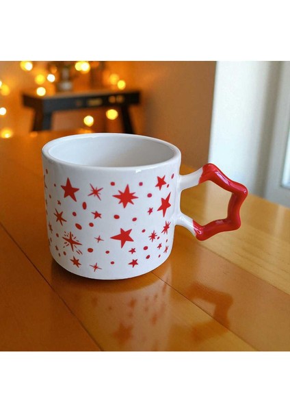 Kırmızı Yıldızlar Desenli Yıldız Kulplu El Yapımı Doğal Seramik Mug Kupa Çay Cappuccino Fincanı