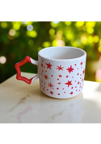 Kırmızı Yıldızlar Desenli Yıldız Kulplu El Yapımı Doğal Seramik Mug Kupa Çay Cappuccino Fincanı modelleri