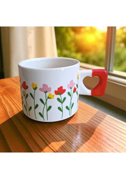 Tatlı Çiçekler Desenli Kalp Kulplu El Yapımı Doğal Seramik Mug Kupa Çay Cappuccino Fincanı modelleri