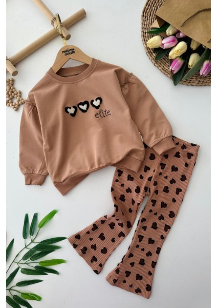 Kalp Detaylı Kız Çocuk 2 li takım - Kahve