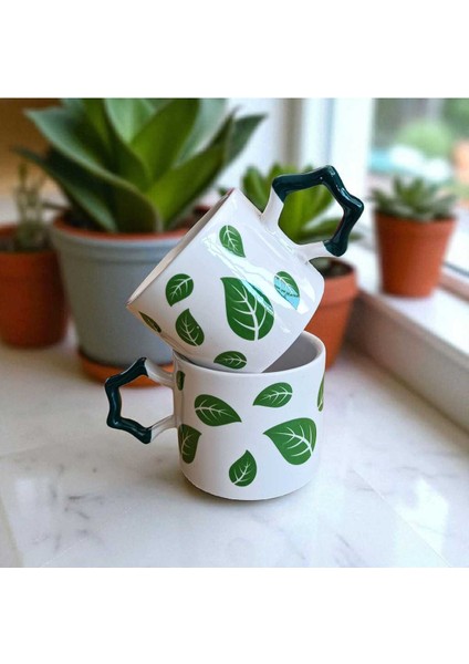 2 Li Yeşil Yapraklar Desenli Yıldız Kulplu El Doğal Yapımı Seramik Mug Kupa Çay Cappuccino Fincanı