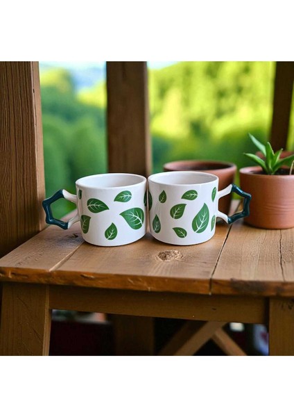 2 Li Yeşil Yapraklar Desenli Yıldız Kulplu El Doğal Yapımı Seramik Mug Kupa Çay Cappuccino Fincanı modelleri