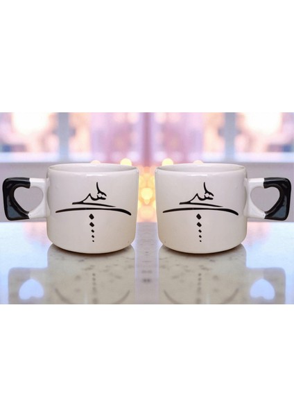 2 Li Kişiselleştirilebilir Hiç Sembolü Baskılı Kalp Kulplu El Yapımı Mug Kupa Çay Cappuccino Fincanı