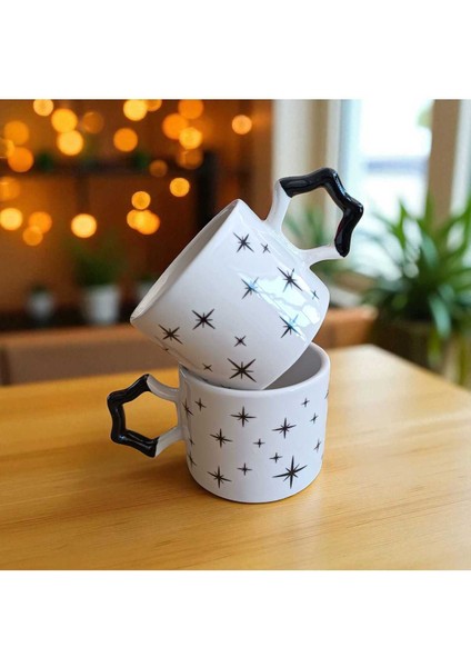 2 Li Siyah Zarif Yıldızlar Desenli Yıldız Kulplu El Yapımı Seramik Mug Kupa Çay Cappuccino Fincanı