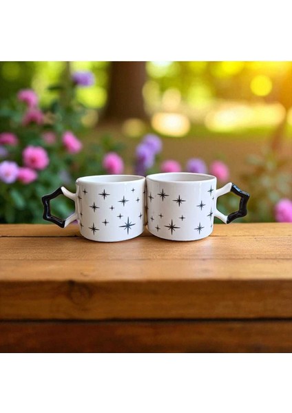 2 Li Siyah Zarif Yıldızlar Desenli Yıldız Kulplu El Yapımı Seramik Mug Kupa Çay Cappuccino Fincanı modelleri