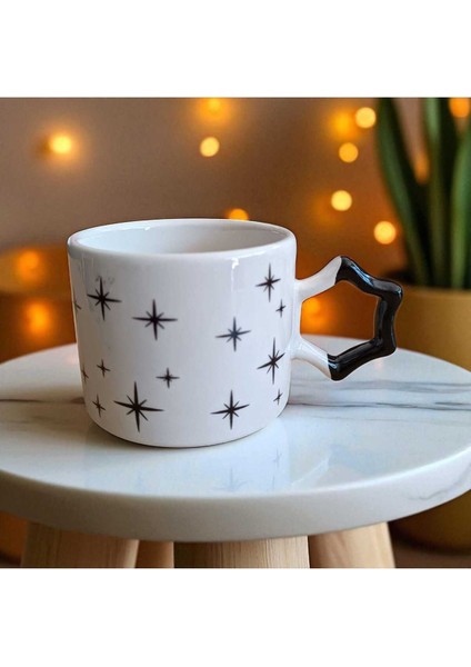 2 Li Siyah Zarif Yıldızlar Desenli Yıldız Kulplu El Yapımı Seramik Mug Kupa Çay Cappuccino Fincanı indirimleri