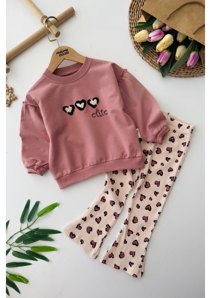 Kalp Detaylı Kız Çocuk 2 li takım - Gül Kurusu