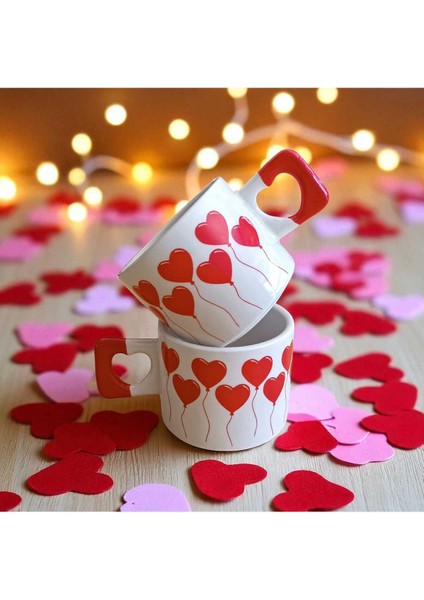 2 Li Kırmızı Balon Kalpler Desenli Kalp Kulplu El Yapımı Seramik Mug Kupa Çay Cappuccino Fincanı