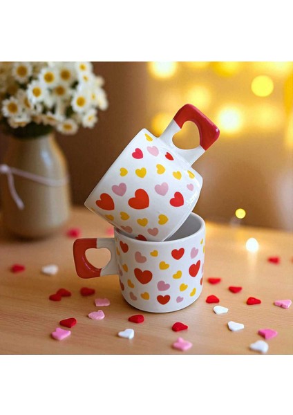 2 Li Tatlı Kalpler Desenli Kalp Kulplu El Yapımı Doğal Seramik Mug Kupa Çay Cappuccino Fincanı