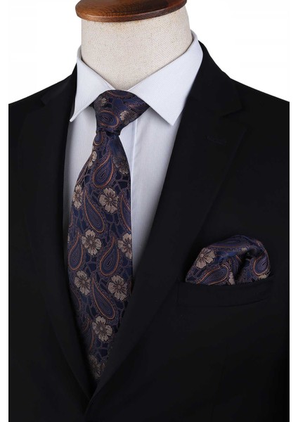 Lacivert Şal Desen Mendilli Klasik Kravat Kk13118