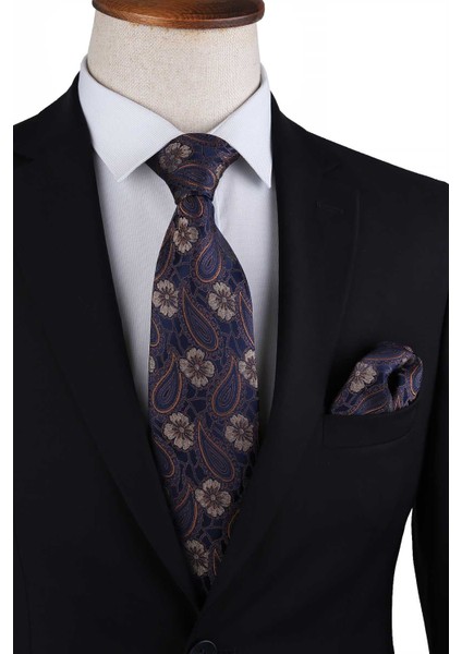 Lacivert Şal Desen Mendilli Klasik Kravat Kk13118 indirimleri