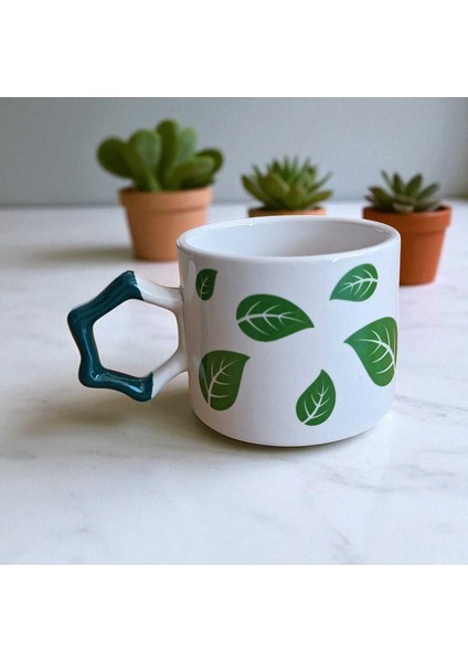 Yeşil Yapraklar Desenli Yıldız Kulplu El Yapımı Doğal Seramik Mug Kupa Çay Cappuccino Fincanı