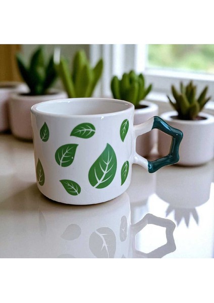 Yeşil Yapraklar Desenli Yıldız Kulplu El Yapımı Doğal Seramik Mug Kupa Çay Cappuccino Fincanı modelleri