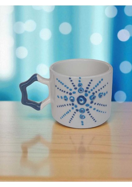 6'lı Nazar Boncuğu Işlemeli Lacivert Kalp Kulp El Işi Doğal Seramik Mug Kupa Çay/cappuccino Fincanı indirimleri