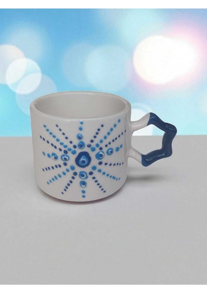 6'lı Nazar Boncuğu Işlemeli Lacivert Kalp Kulp El Işi Doğal Seramik Mug Kupa Çay/cappuccino Fincanı
