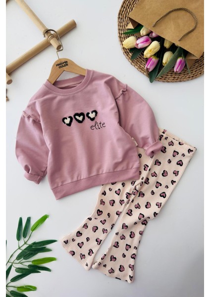 Kalp Detaylı Kız Çocuk 2 li takım - Pembe