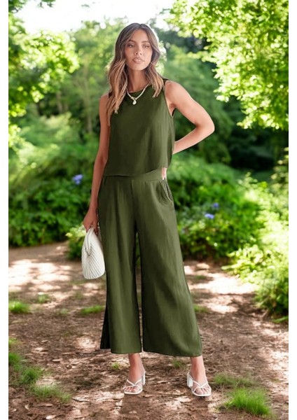 Yazlık Sırt Detaylı Keten Takım