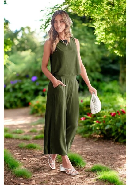 Yazlık Sırt Detaylı Keten Takım indirimleri