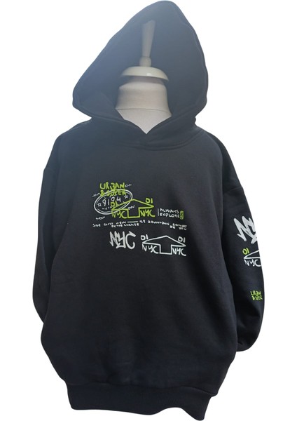 Erkek Çocuk Kapüşonlu Baskılı Siyah Sweatshirt - Cepli, Pamuklu, Rahat Kullanım