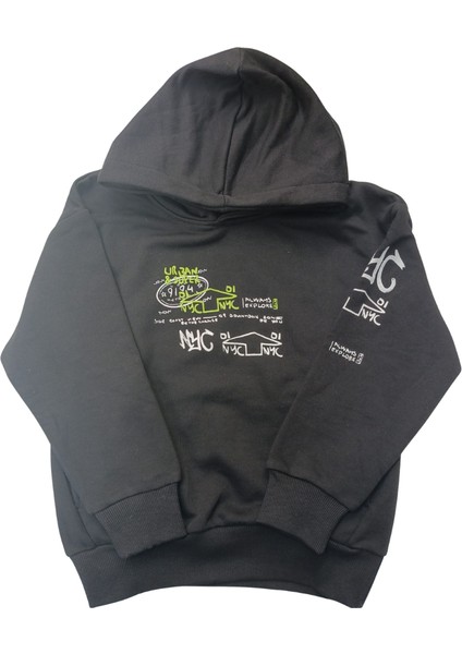 Erkek Çocuk Kapüşonlu Baskılı Siyah Sweatshirt - Cepli, Pamuklu, Rahat Kullanım