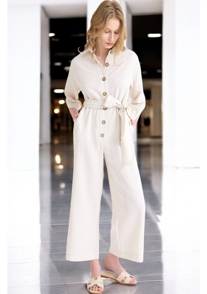 Yazlık Rahat Gömlek Yaka Keten Tulum