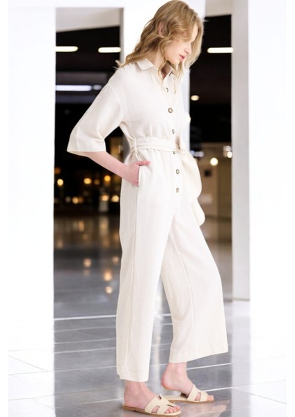 Yazlık Rahat Gömlek Yaka Keten Tulum modelleri