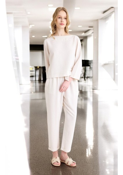 Yazlık Uzun Kol Bluz Pantolon Ikili Keten Takım fırsatları