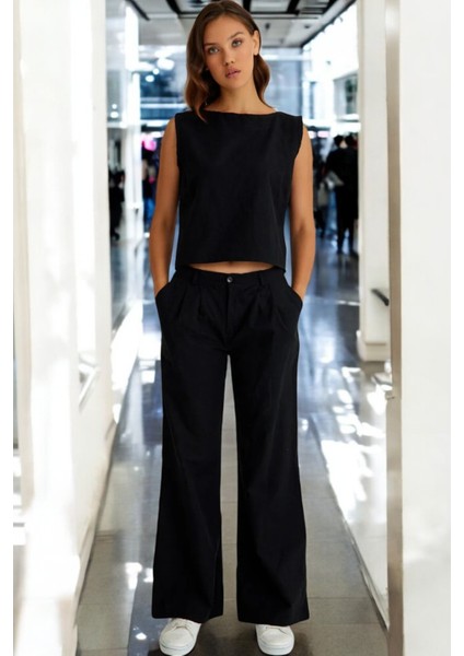 Yazlık Alt Üst Kolsuz Keten Takım